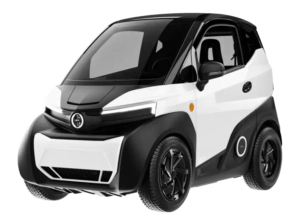 vista exterior del silence s04 coche sin carnet en color blanco y negro
