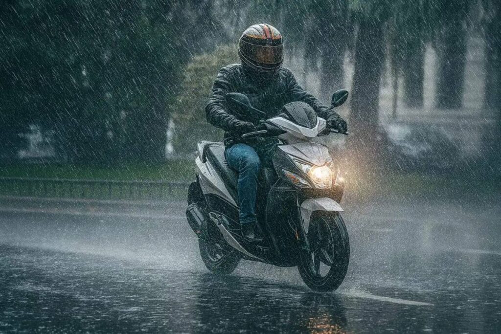 chico conduciendo ciclomotor lloviendo mucho