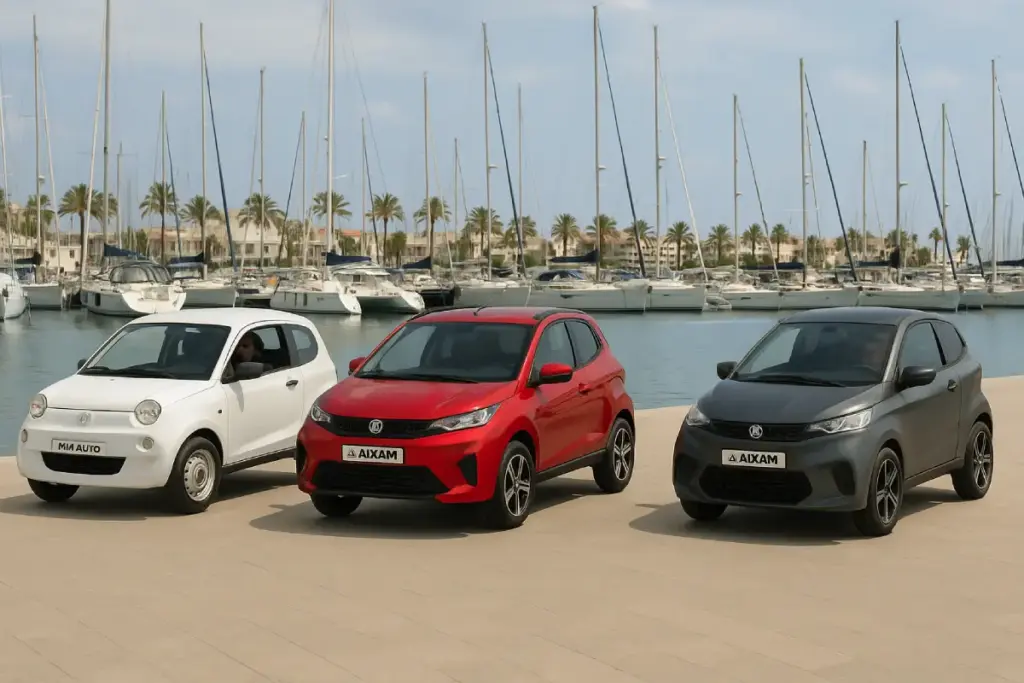 Gama 2025 Aixam: modelos City y Coupé sobre fondo portuario generado por IA