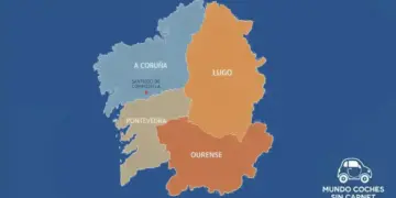 Mapa de Galicia con las provincias de A Coruña, Lugo, Ourense y Pontevedra, con el texto “Dónde comprar un coche sin carnet en Galicia”.