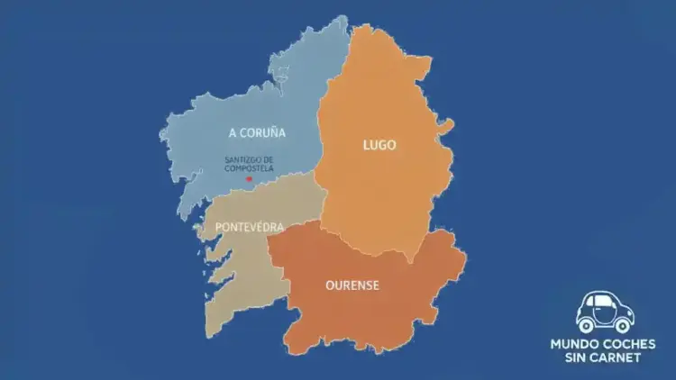 Mapa de Galicia con las provincias de A Coruña, Lugo, Ourense y Pontevedra, con el texto “Dónde comprar un coche sin carnet en Galicia”.