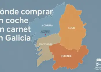 Mapa de Galicia con las provincias de A Coruña, Lugo, Ourense y Pontevedra, con el texto “Dónde comprar un coche sin carnet en Galicia”.