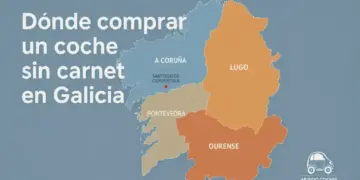 Mapa de Galicia con las provincias de A Coruña, Lugo, Ourense y Pontevedra, con el texto “Dónde comprar un coche sin carnet en Galicia”.