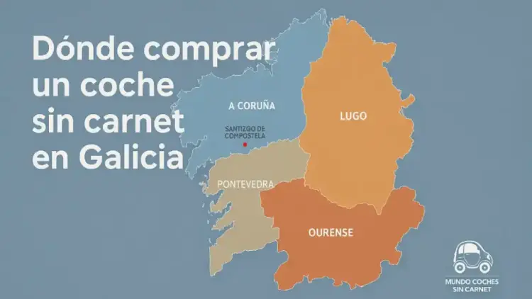 Mapa de Galicia con las provincias de A Coruña, Lugo, Ourense y Pontevedra, con el texto “Dónde comprar un coche sin carnet en Galicia”.