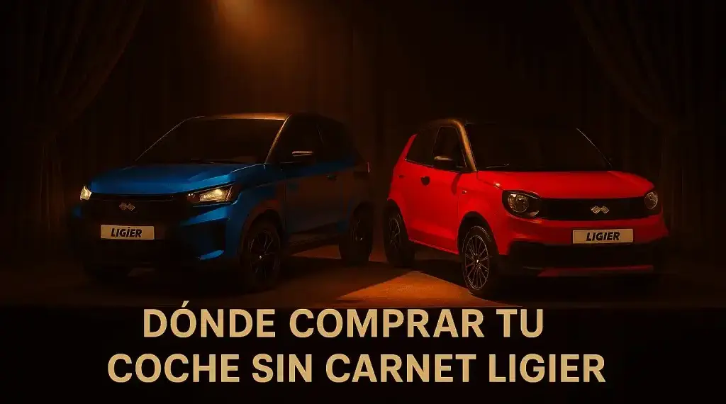 Imagen híbrida de dos coches sin carnet Ligier en estudio con fondo generado por IA y texto dónde comprar tu coche sin carnet Ligier