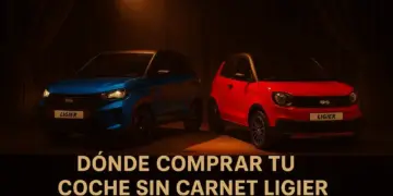 Imagen híbrida de dos coches sin carnet Ligier en estudio con fondo generado por IA y texto dónde comprar tu coche sin carnet Ligier
