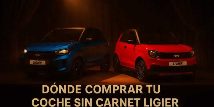 Imagen híbrida con dos coches Ligier y fondo digital creado mediante IA. Imagen híbrida de dos coches sin carnet Ligier en estudio con fondo generado por IA y texto dónde comprar tu coche sin carnet Ligier