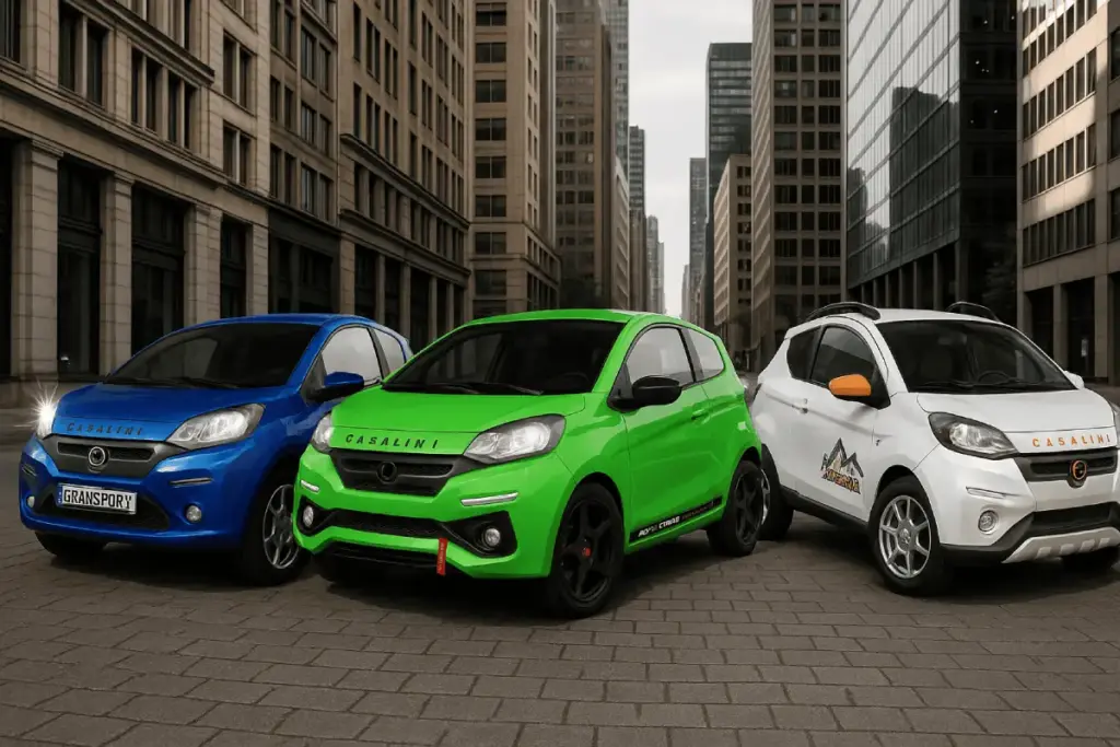 Composición digital de coches sin carnet Casalini GranSport, M20 y Kerry en entorno urbano generada con IA