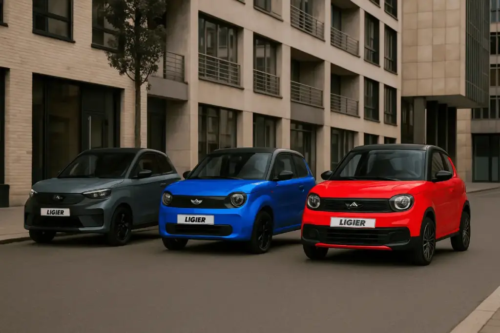 Composición digital de coches sin carnet Ligier en entorno urbano generada con IA