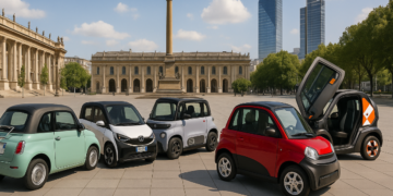 Recreación digital generada por IA con varios microcoches eléctricos sin carnet estacionados en una plaza urbana moderna