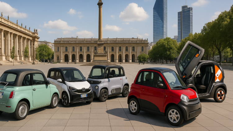 Recreación digital generada por IA con varios microcoches eléctricos sin carnet estacionados en una plaza urbana moderna