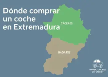 Mapa de Extremadura con las provincias de Cáceres y Badajoz destacadas, sobre fondo azul, con el texto dónde comprar un coche en Extremadura.