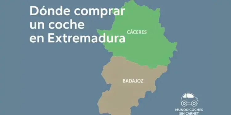 Mapa de Extremadura con las provincias de Cáceres y Badajoz destacadas, sobre fondo azul, con el texto dónde comprar un coche en Extremadura.