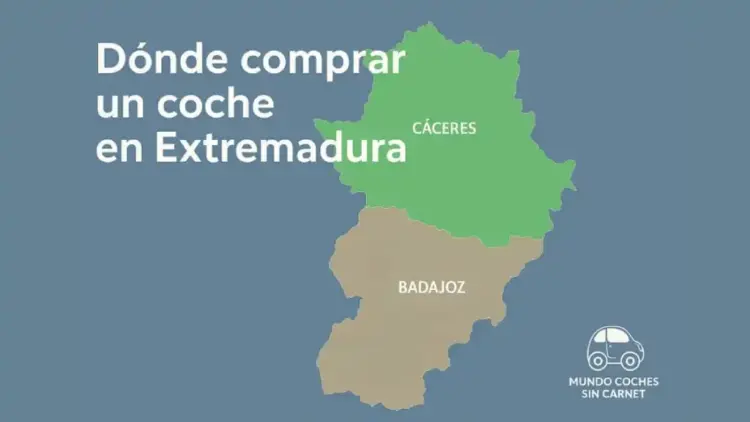 Mapa de Extremadura con las provincias de Cáceres y Badajoz destacadas, sobre fondo azul, con el texto dónde comprar un coche en Extremadura.