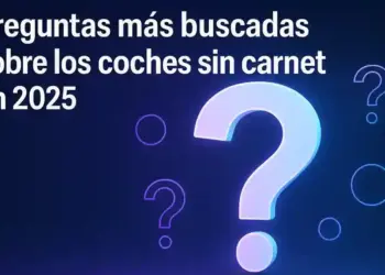 grafico con texto preguntas mas buscadas sobre coches sin carnet en 2025 con iconos de interrogacion sin carnet