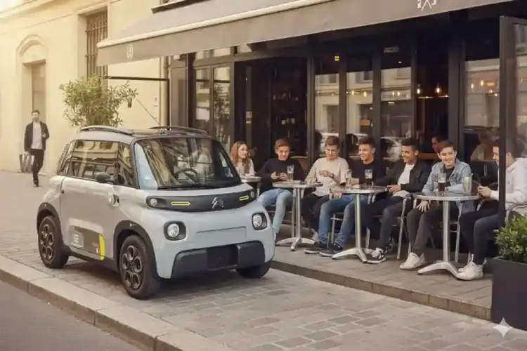 fotografia real del citroen ami electrico aparcado en una calle urbana junto a una terraza con varios jovenes