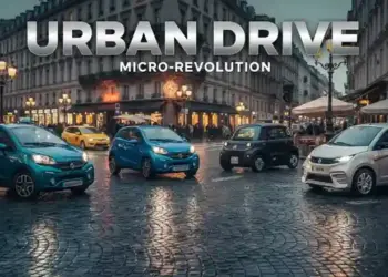 composición urbana de coches sin carnet circulando por una ciudad europea generada por inteligencia artificial