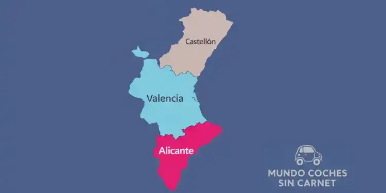 mapa de la Comunidad Valenciana con provincias destacadas para comprar coche sin carnet