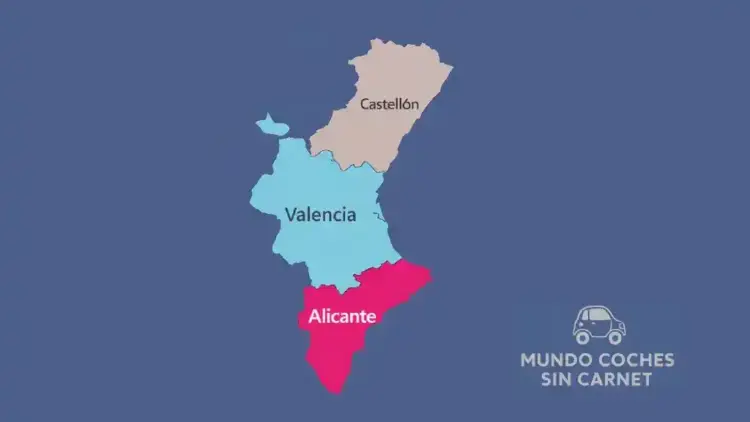 mapa de la Comunidad Valenciana con provincias destacadas para comprar coche sin carnet