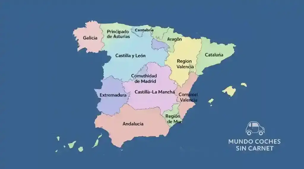 mapa de espana con comunidades autonomas para localizar donde comprar un coche sin carnet