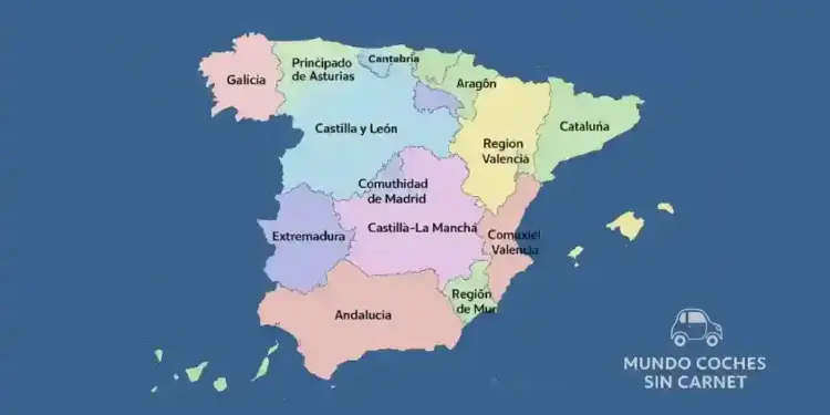 mapa de espana con comunidades autonomas para localizar donde comprar un coche sin carnet