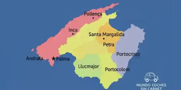 mapa de mallorca con zonas destacadas para comprar coches sin carnet