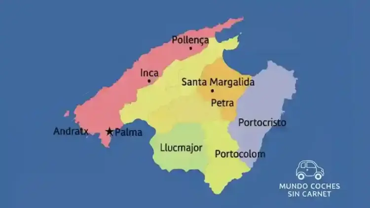 mapa de mallorca con zonas destacadas para comprar coches sin carnet