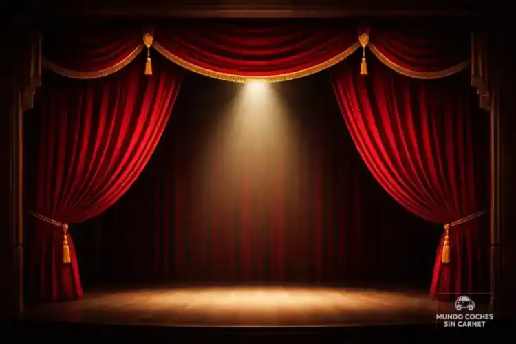 Imagen generada por inteligencia artificial de un escenario con cortinas rojas utilizada como plantilla para noticias sobre coches sin carnet