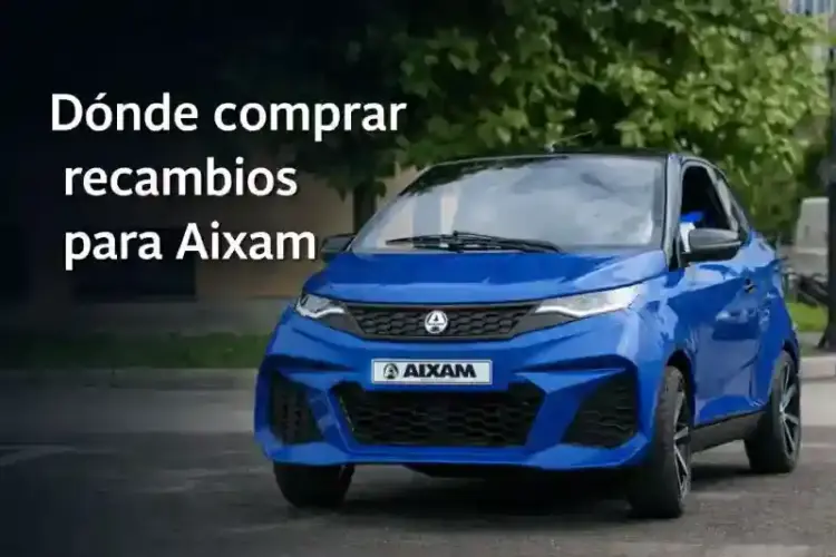 composicion digital de un coche sin carnet aixam azul en entorno urbano para ilustrar donde comprar recambios aixam