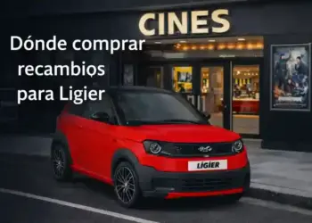 composicion digital de un coche sin carnet ligier rojo en entorno urbano para ilustrar donde comprar recambios ligier