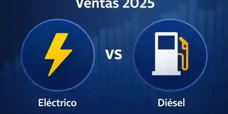 Imagen generada por inteligencia artificial que compara las ventas 2025 de coches eléctricos frente a diésel con iconos de batería y surtidor de combustible