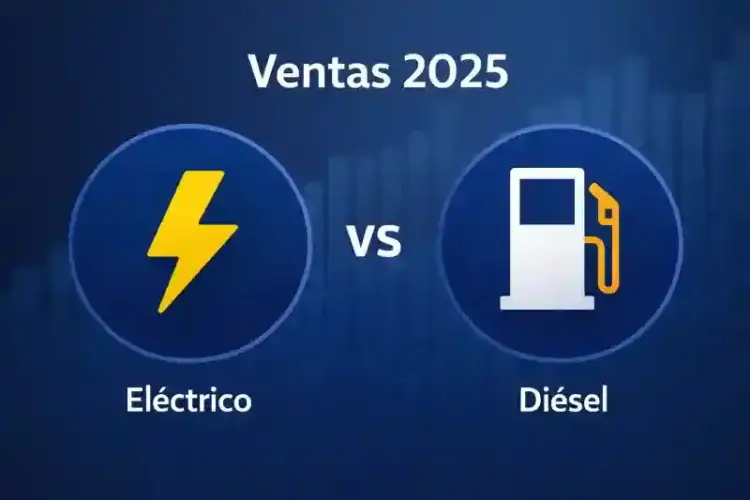 Imagen generada por inteligencia artificial que compara las ventas 2025 de coches eléctricos frente a diésel con iconos de batería y surtidor de combustible