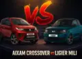 comparativa Aixam Crossover vs Ligier Myli en imagen generada por inteligencia artificial con ambos coches enfrentados