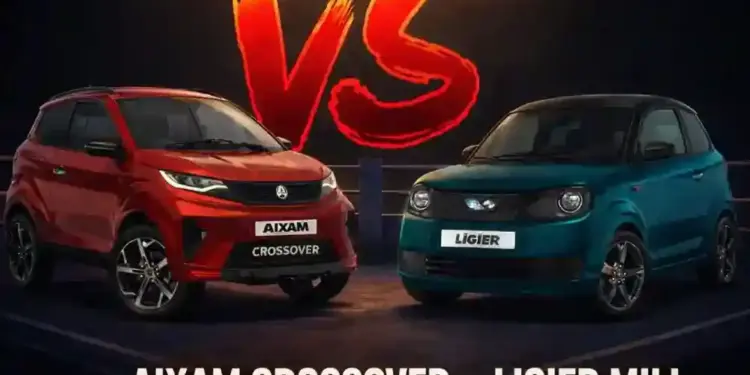 Comparativa visual entre Aixam Crossover y Ligier Myli en una recreación digital. comparativa Aixam Crossover vs Ligier Myli en imagen generada por inteligencia artificial con ambos coches enfrentados