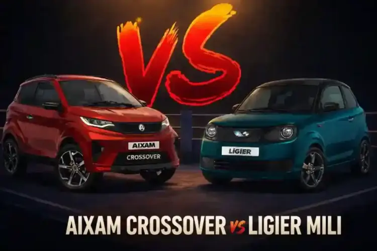 comparativa Aixam Crossover vs Ligier Myli en imagen generada por inteligencia artificial con ambos coches enfrentados