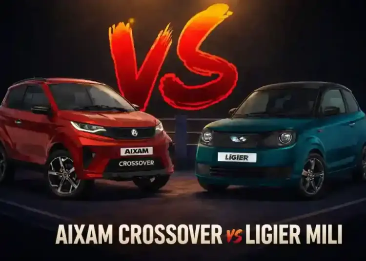comparativa Aixam Crossover vs Ligier Myli en imagen generada por inteligencia artificial con ambos coches enfrentados