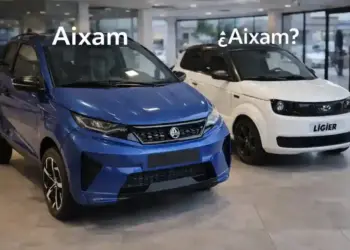 Comparativa visual entre modelos Aixam y Ligier en un entorno de exposición. coches sin carnet Aixam y Ligier aparcados en exposición interior con fondo moderno generado por IA