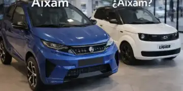 coches sin carnet Aixam y Ligier aparcados en exposición interior con fondo moderno generado por IA