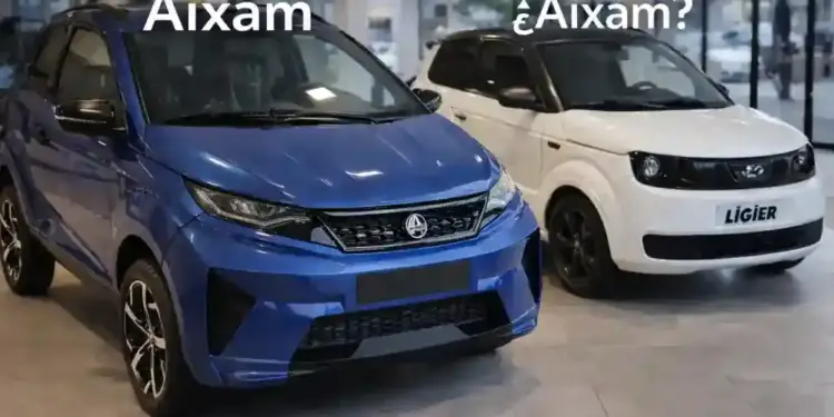 coches sin carnet Aixam y Ligier aparcados en exposición interior con fondo moderno generado por IA