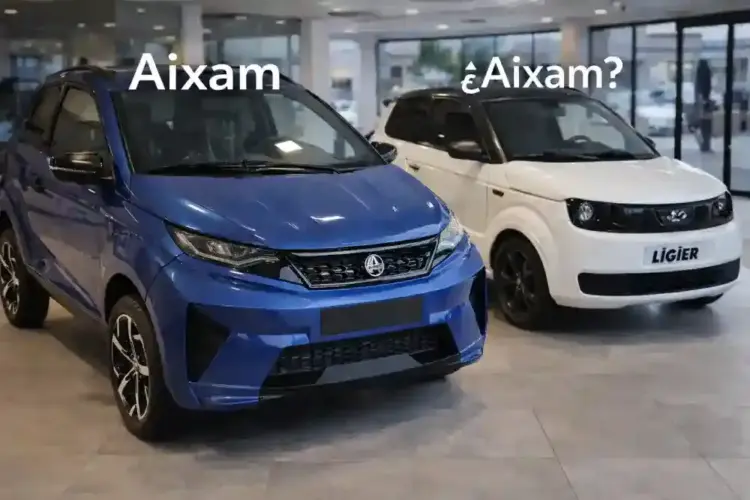 coches sin carnet Aixam y Ligier aparcados en exposición interior con fondo moderno generado por IA