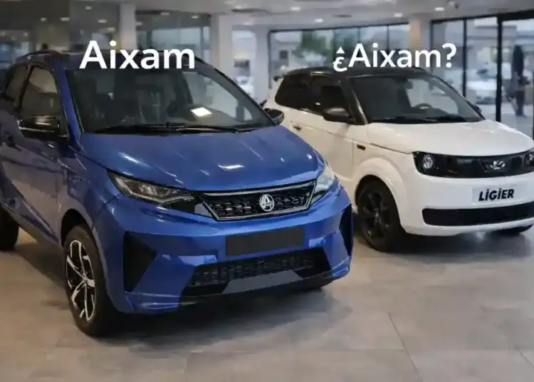 coches sin carnet Aixam y Ligier aparcados en exposición interior con fondo moderno generado por IA
